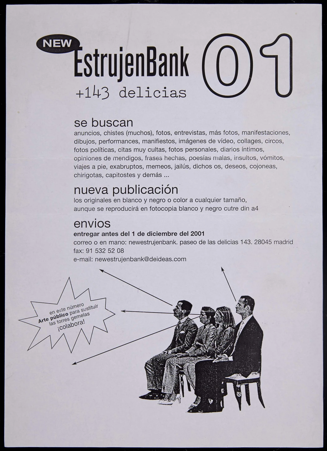 Hoja volante para la presentación de la publicación New Estrujenbank 01, 2001. Archivo Dionisio Cañas. Biblioteca y Centro de Documentación del Museo Reina Sofía