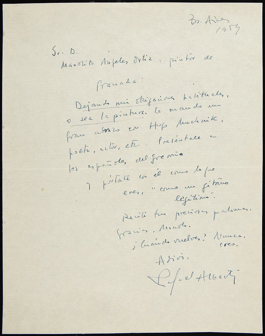 Carta autógrafa de Rafael Alberti a Manuel Ángeles Ortiz, 1959. Archivo Manuel Ángeles Ortiz. Biblioteca y Centro de Documentación del Museo Reina Sofía