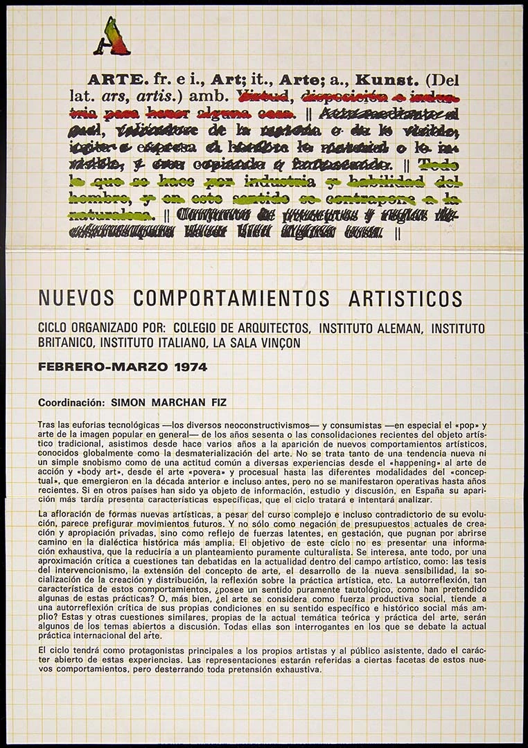 Programa del ciclo Nuevos comportamientos artísticos (fragmento), 1974. Archivo Marchán/Quevedo. Biblioteca y Centro de Documentación del Museo Reina Sofía