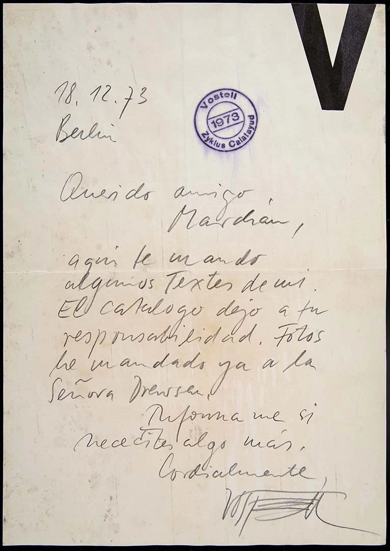 Carta de Wolf Vostell a Simón Marchán Fiz, 1973. Archivo Marchán/Quevedo. Biblioteca y Centro de Documentación del Museo Reina Sofía