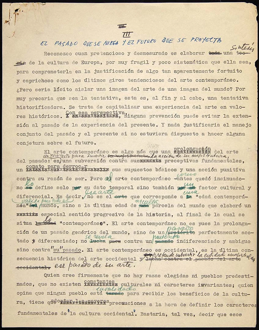 Texto mecanografiado con correcciones manuscritas, capítulo provisional para Autocrítica del arte (fragmento). Archivo José María Moreno Galván. Biblioteca y Centro de Documentación del Museo Reina Sofía