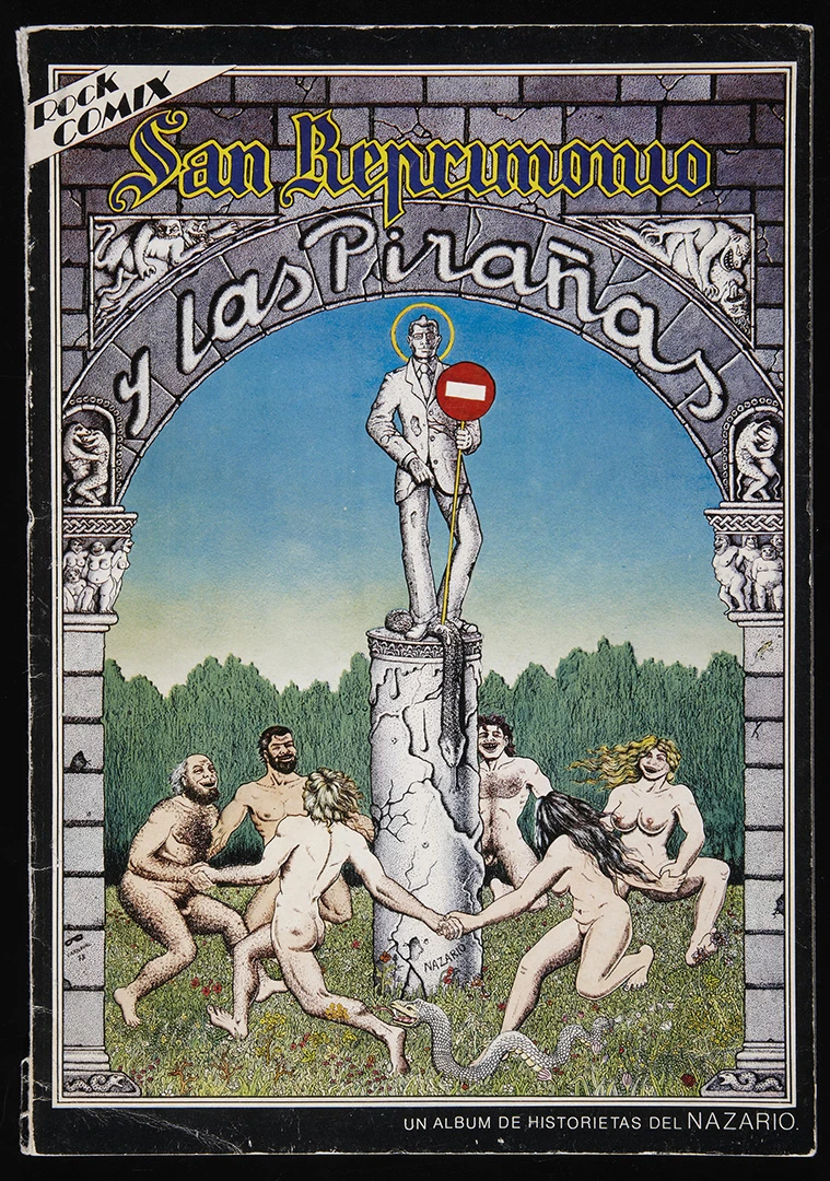 Nazario, San Reprimonio y las pirañas, Barcelona, Gaspar Fraga, 1976. Fondo Colección Nazario. Biblioteca y Centro de Documentación del Museo Reina Sofía