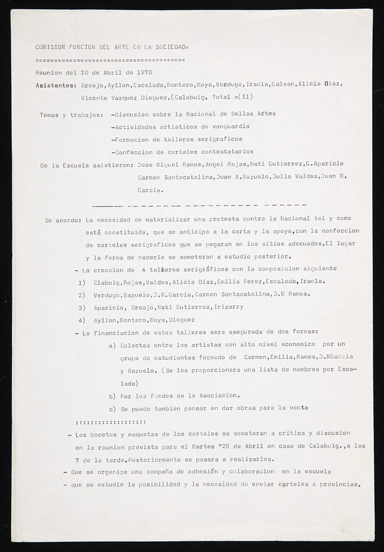 Acta de la Comisión Función del Arte en la Sociedad, 1970. Texto mecanografiado. Archivo Redor-Calabuig. Biblioteca y Centro de Documentación del Museo Reina Sofía