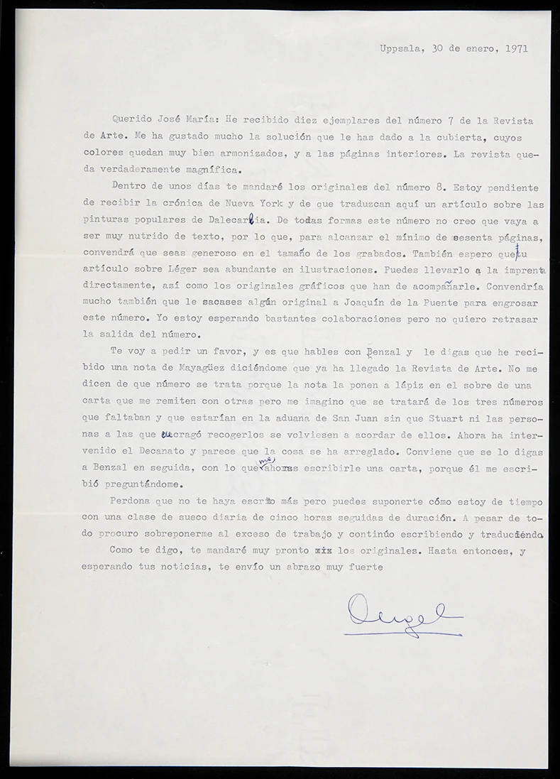 Carta mecanografiada de Ángel Crespo a José María Iglesias, 1971. Archivo de la Revista de Arte (Mayagüez). Biblioteca y Centro de Documentación del Museo Reina Sofía
