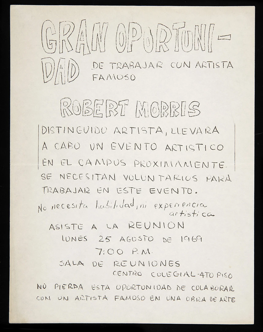 Convocatoria para el evento artístico de Robert Morris en el campus de Mayagüez, 1969. Archivo de la Revista de Arte (Mayagüez). Biblioteca y Centro de Documentación del Museo Reina Sofía