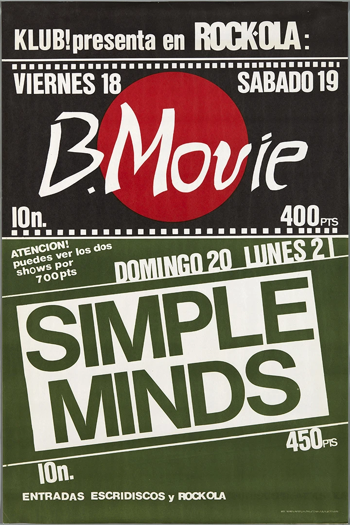 Cartel B-Movie. Simple Minds, 1981, diseño de Pepo Perandones. Colección de carteles de la Sala Rock-Ola. Biblioteca y Centro de Documentación del Museo Reina Sofía