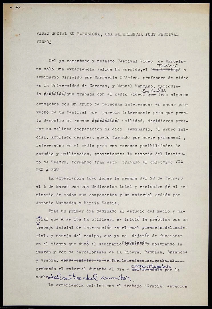 Texto mecanografiado con anotaciones, correspondiente a “Vídeo social en Barcelona, una experiencia post festival vídeo” en Zoom, nº 5, 1977. Fondo Video-Nou. Biblioteca y Centro de Documentación del Museo Reina Sofía