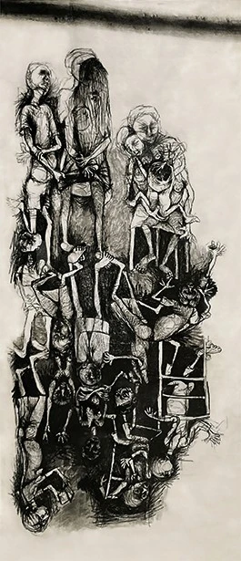 Dumile Feni, The Classroom [El aula], 1965. Carboncillo y lápiz Conté sobre papel, 229 × 96,5 cm. © Estate Dumile Feni and Dumile Feni Family Trust