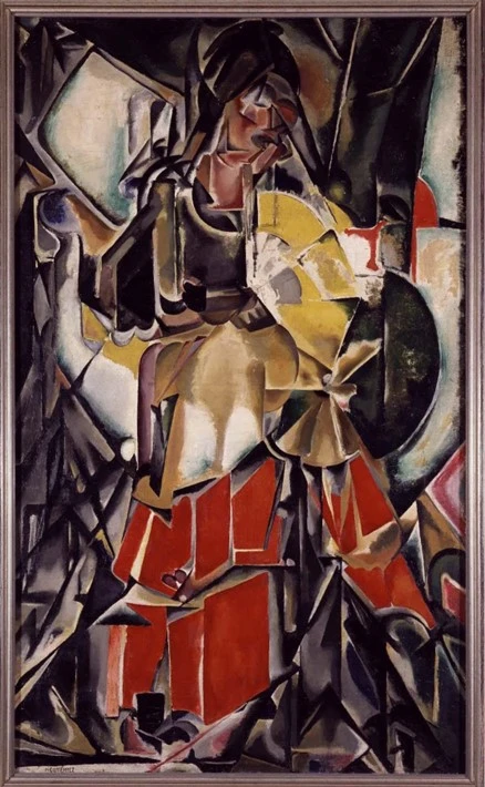 Pintura cubista con una figura central femenina vestida de amarillo y rojo, compuesta por formas geométricas, líneas angulares y colores contrastantes que crean un efecto abstracto.