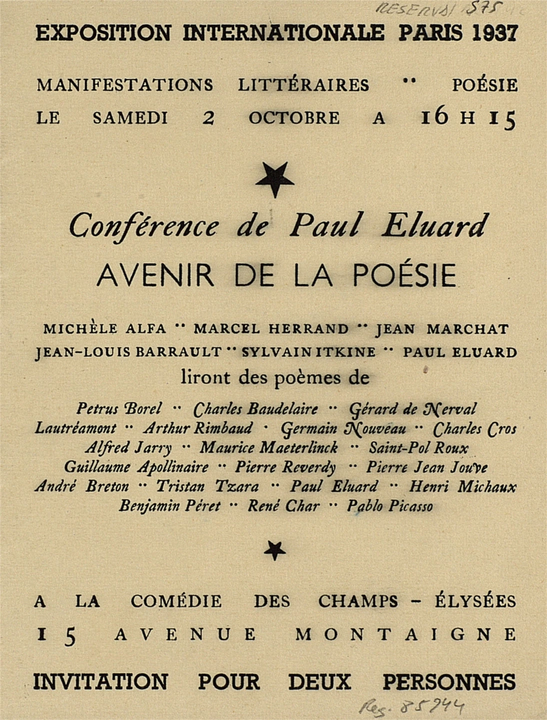 Tarjeta de invitación para la lectura de poemas de Paul Eluard Avenir de la poésie, 1937. Biblioteca y Centro de Documentación, Museo Nacional Centro de Arte Reina Sofía, Madrid