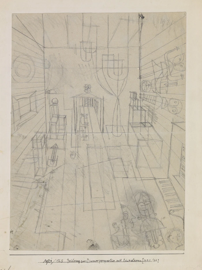 Paul Klee, Zeichnung zur Zimmerperspective mit Einwohnern (Drawing for Room perspective with inhabitants) [1921/24.], 1921. Pencil on paper on cardboard, 33,6/33,8 x 25/24,7 cm. Zentrum Paul Klee, Bern © Zentrum Paul Klee, VEGAP (España) 2013