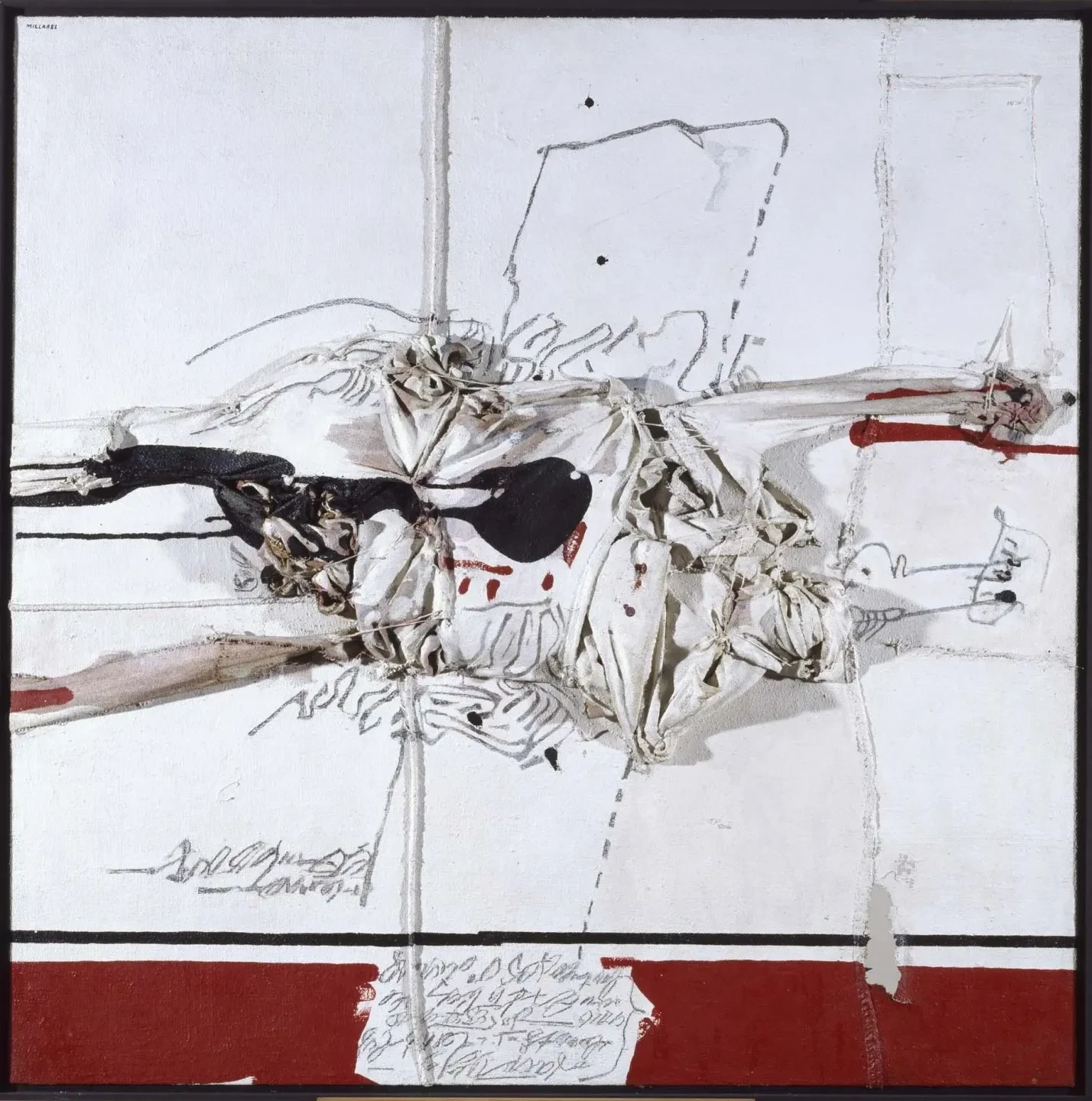Manolo Millares, Personaje caído I [Fallen Figure I], 1970, técnica mixta sobre arpillera, © Manolo Millares, VEGAP, Madrid, 2026