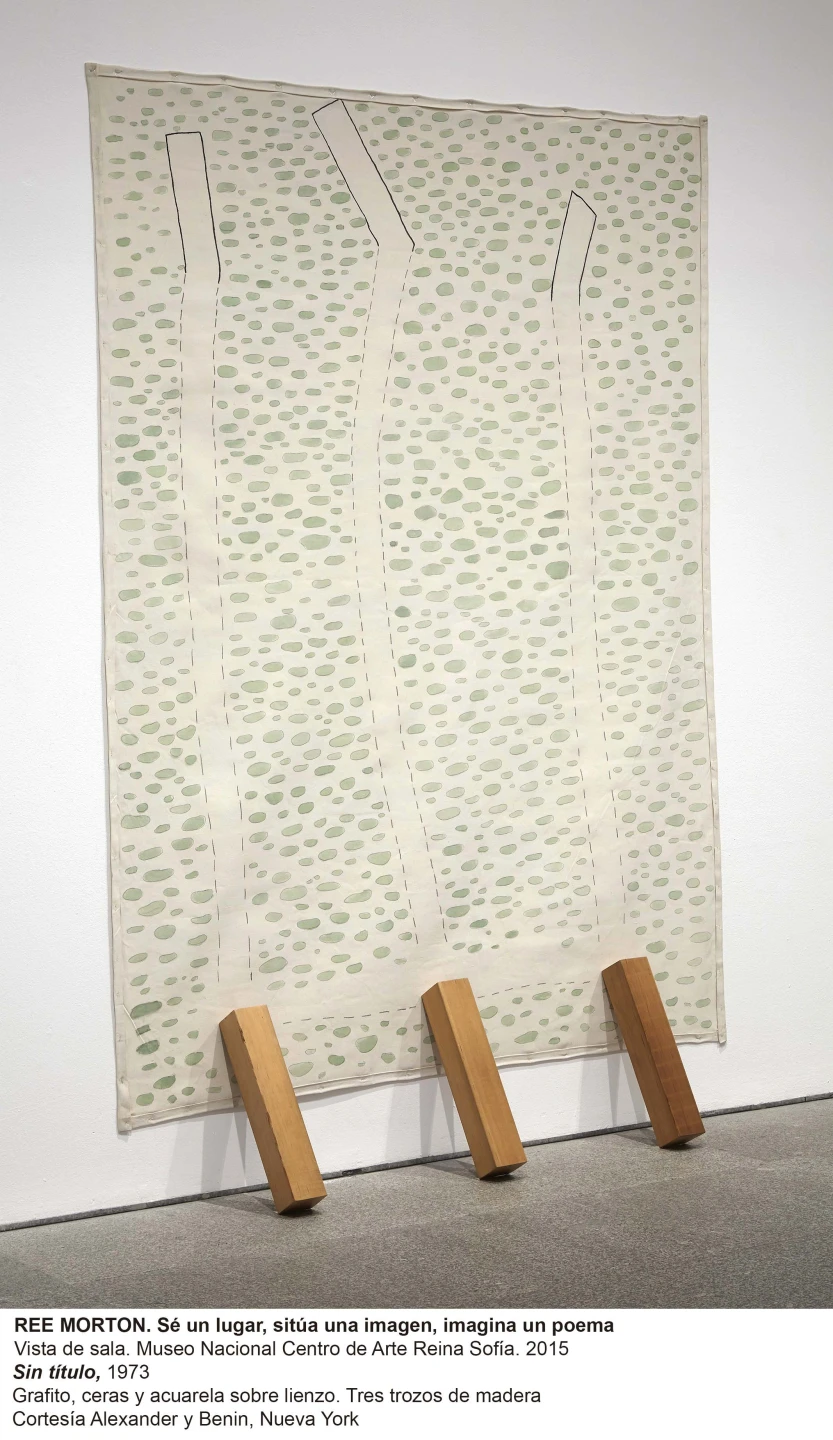 Vista de la exposición sobre Ree Morton Sin título, 1973. Grafito, ceras y acuarelas sobre lienzo