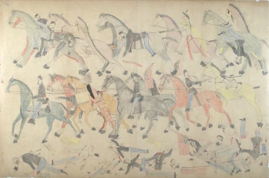 Red Horse, Red Horse’s depiction of the destruction of Custer’s command at the Battle of the Little Bighorn [Representación de la destrucción del ejército de Custer en la Batalla de Little Bighorn realizada por Caballo Rojo], 1881, grafito, coloreado a lápiz y tinta. Archivos Nacionales Antropológicos, Smithsonian Institution, Departamento de Antropología / Wikimedia-Commons