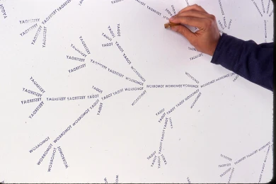 Uno de los organogramas de José Damasceno intervenido por el propio artista. Museo Reina Sofía, 2008