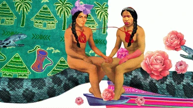Javi Vargas Sotomayor, Pieles serpientes, máscaras negras, sombras cobrizas (Franz Bastidas o Micaela Fanon), 2019. Grabado digital
