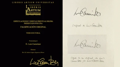 Tarjeta de la presentación de la tesis de Luis Camnitzer Especulaciones y derivas frente al dilema presentado por una “Falsificación Original”;  Luis Camnitzer, Copy, 1972 © Luis Camnitzer, Madrid, 2018