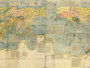 Primer mapamundi chino al estilo europeo. Matteo Ricci, Kunyu Wanguo Quantu (坤輿萬國全圖) [Un mapa de la miríada de países del mundo], 1602