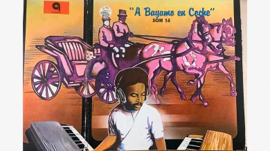 Rolando Córdoba, portada del vinilo A Bayamo en Coche del grupo Son 14, 1979