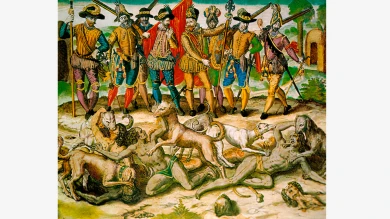 Theodore de Bry, Los perros de Vasco Núñez de Balboa (1475-1571) atacando a los indios, s. f. Archivo Arkhé