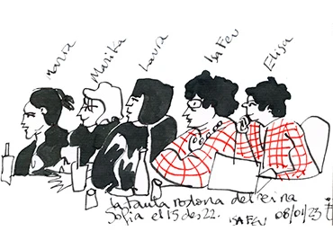 Isa Feu, dibujo realizado durante la mesa redonda que formó parte del programa Documentos 23. Autoras de cómic underground en España, Museo Reina Sofía, 2022