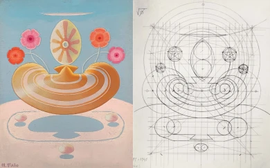 Izquierda: Maruja Mallo, Naturaleza viva, 1941-1942. Derecha: Maruja Mallo, Trazado armónico para Naturaleza viva, 1941.