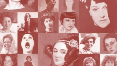 Collage de retratos de varias mujeres de diferentes épocas y estilos, incluyendo una ilustración de Ada Lovelace en el centro. La imagen tiene un tono rojizo y muestra rostros expresivos, algunos en blanco y negro y otros en color, representando diversidad y contribuciones femeninas en distintos ámbitos.
