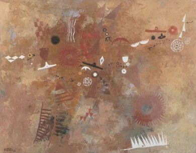 Manuel Millares. Aborigen nº1, 1951. 75x95 cm. Oil on canvas. C.A.C. Bodegas Vega Sicilia, S.A. - Museo Patio Herreriano, Valladolid