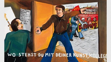 Jörg Immendorff. Wo stehst du mit deiner Kunst, Kollege? [¿Dónde te sitúas con tu arte, compañero?], 1973. Musée d’Art Moderne de la Ville de Paris. © The Estate of Jörg Immendorff, cortesía Galerie Michael Werner Märkisch Wilmersdorf, Colonia y Nueva York. Fotografía: Eric Emo/Parisienne de Photographie. Acrílico sobre lienzo, 130 x 210 cm  