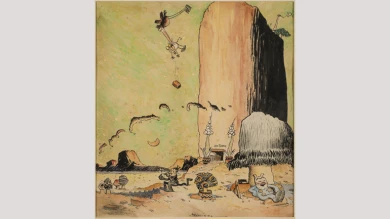 George Herriman, Krazy Kat. N.d.. Ink, pencil and watercolor on paper. 34,3 x 36,8 cm. Garry Trudeau Collection. © King Features Syndicate, Inc. ™ Hearst Holdings, inc., King Features Syndicate Division