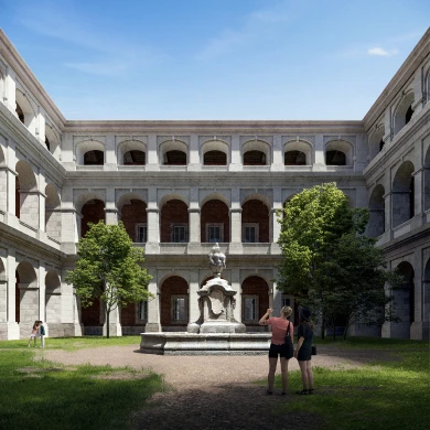 Rendering of one of the interior coutyards of the Sabatini Building. Museo Reina Sofía, 2023 