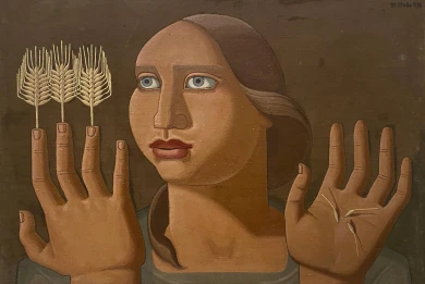 MARUJA MALLO. Sorpresa del trigo, 1936. Óleo sobre lienzo. 66 x 100 cm. Colección particular
